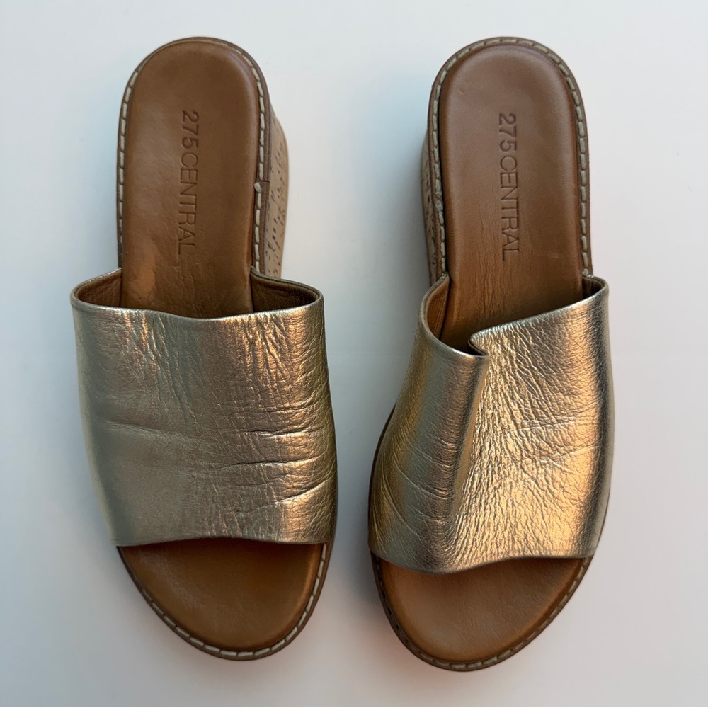 275 Central Gold Leather Platform Sandals, Size 37 - Picture 2 of 7